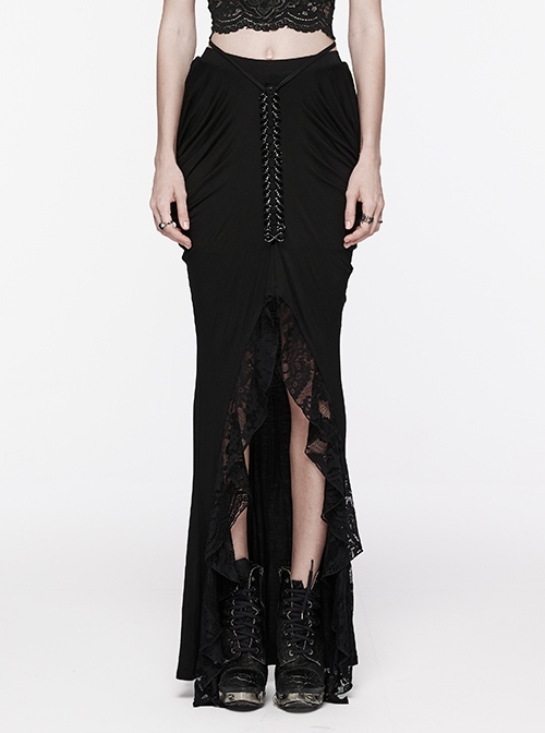 Personalized Slim Fit Black Stretch Knit Patchwork Lace Side Pleated Gothic Skirt