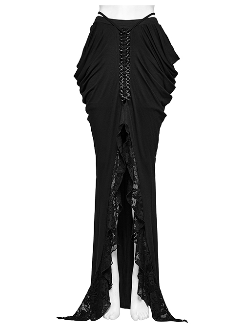 Personalized Slim Fit Black Stretch Knit Patchwork Lace Side Pleated Gothic Skirt