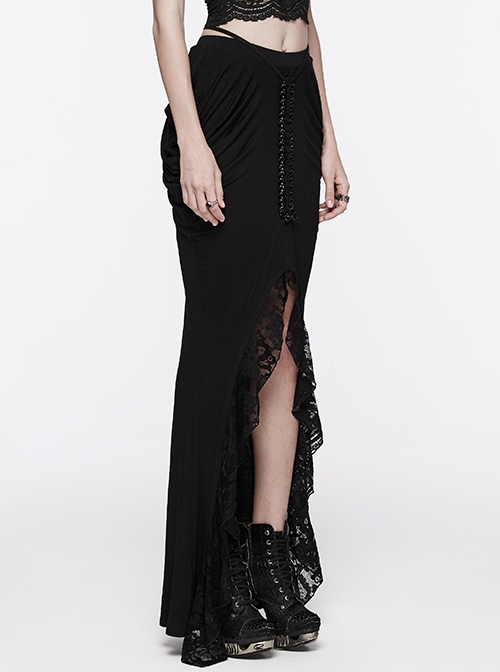 Personalized Slim Fit Black Stretch Knit Patchwork Lace Side Pleated Gothic Skirt