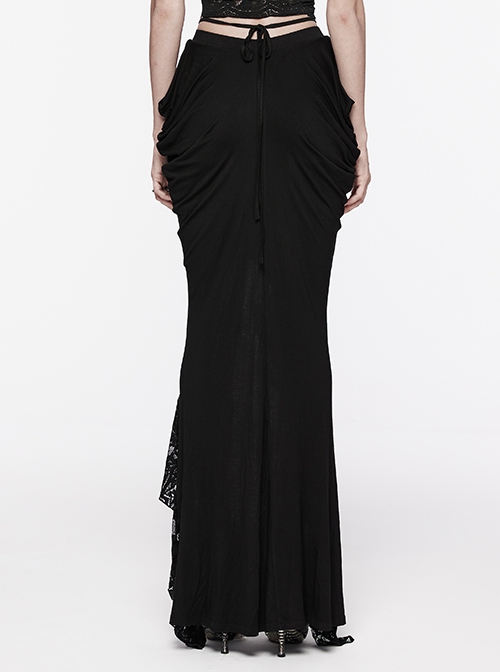 Personalized Slim Fit Black Stretch Knit Patchwork Lace Side Pleated Gothic Skirt