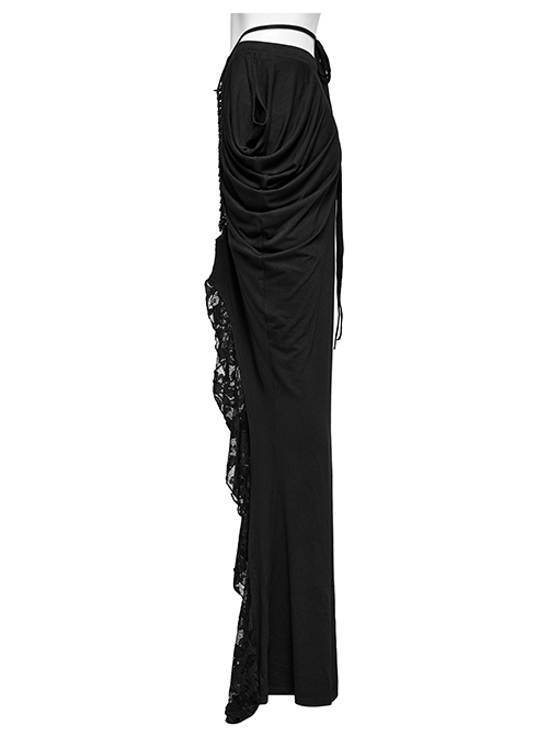 Personalized Slim Fit Black Stretch Knit Patchwork Lace Side Pleated Gothic Skirt