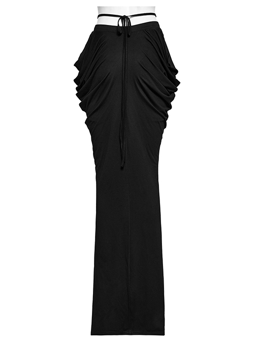 Personalized Slim Fit Black Stretch Knit Patchwork Lace Side Pleated Gothic Skirt