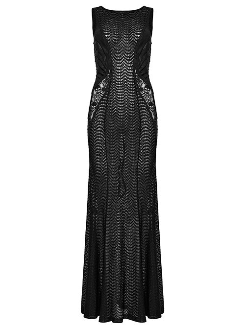 Sexy Stretchy Fin Mesh Back Adjustable Gothic Style Slightly See Through Sleeveless Dress