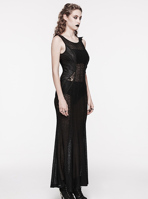 Sexy Stretchy Fin Mesh Back Adjustable Gothic Style Slightly See Through Sleeveless Dress