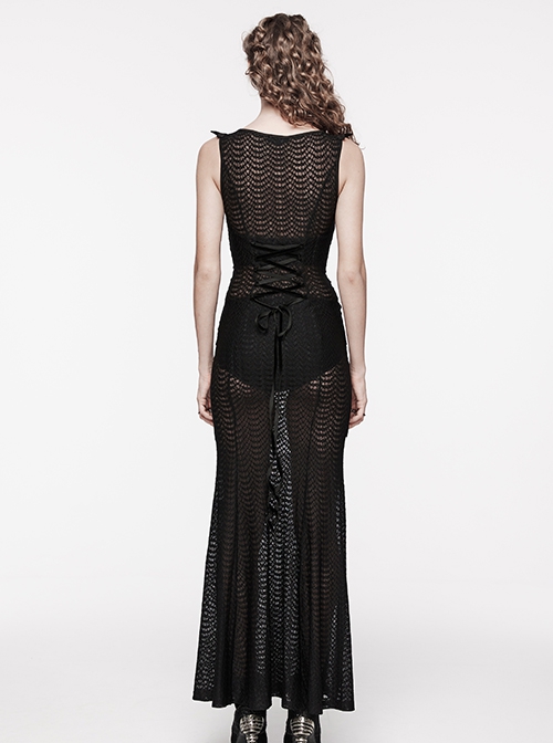 Sexy Stretchy Fin Mesh Back Adjustable Gothic Style Slightly See Through Sleeveless Dress