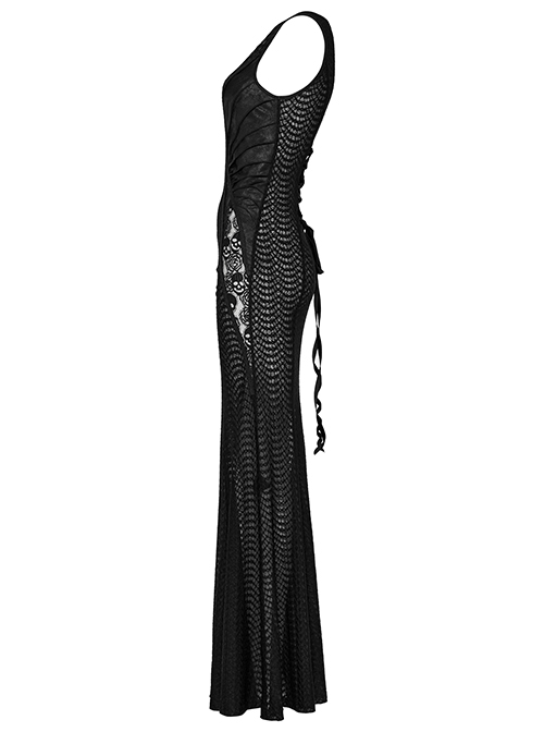 Sexy Stretchy Fin Mesh Back Adjustable Gothic Style Slightly See Through Sleeveless Dress