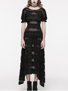 Black Daily Lace Hollow Appliqué With One Line Collar Gothic Slim Short Sleeved Dress