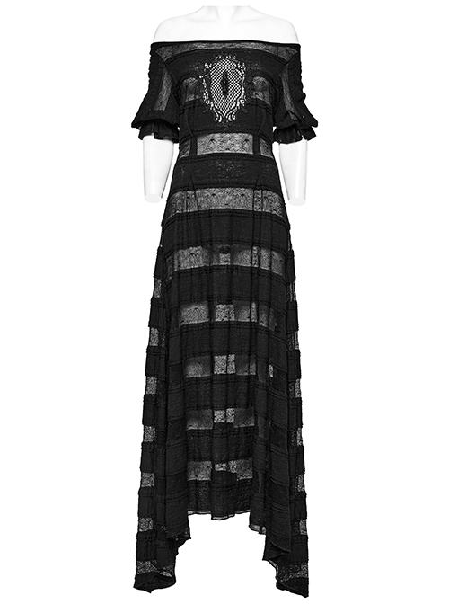 Black Daily Lace Hollow Appliqué With One Line Collar Gothic Slim Short Sleeved Dress