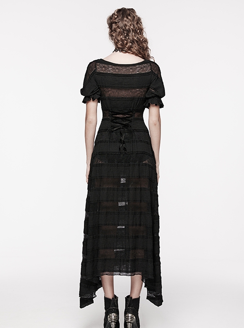Black Daily Lace Hollow Appliqué With One Line Collar Gothic Slim Short Sleeved Dress