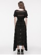 Black Daily Lace Hollow Appliqué With One Line Collar Gothic Slim Short Sleeved Dress