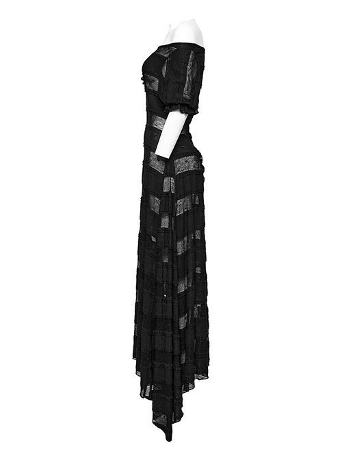 Black Daily Lace Hollow Appliqué With One Line Collar Gothic Slim Short Sleeved Dress