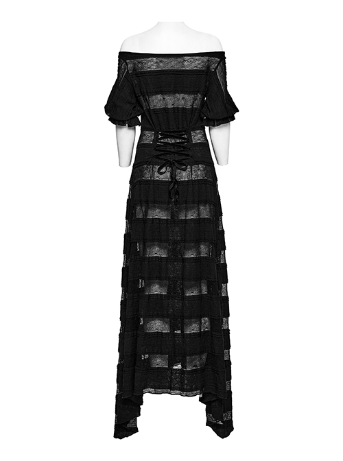 Black Daily Lace Hollow Appliqué With One Line Collar Gothic Slim Short Sleeved Dress