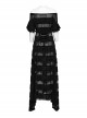 Black Daily Lace Hollow Appliqué With One Line Collar Gothic Slim Short Sleeved Dress