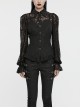 Sexy Black Lace Dark Pattern Woven Front And Middle Hand Seam Buttons With Rope Adjustment Gothic Lantern Sleeve Shirt