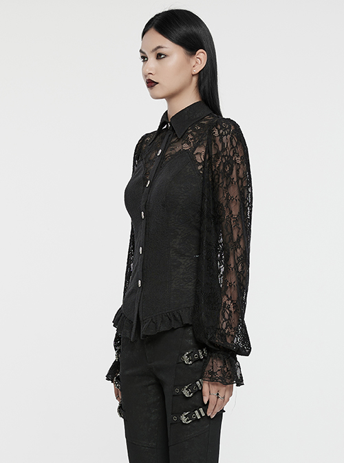Sexy Black Lace Dark Pattern Woven Front And Middle Hand Seam Buttons With Rope Adjustment Gothic Lantern Sleeve Shirt