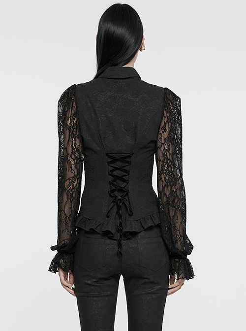 Sexy Black Lace Dark Pattern Woven Front And Middle Hand Seam Buttons With Rope Adjustment Gothic Lantern Sleeve Shirt
