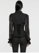 Sexy Black Lace Dark Pattern Woven Front And Middle Hand Seam Buttons With Rope Adjustment Gothic Lantern Sleeve Shirt