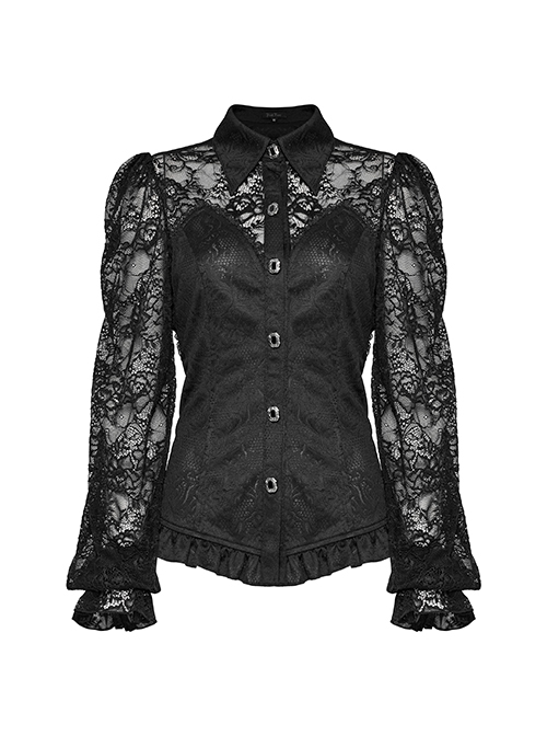 Sexy Black Lace Dark Pattern Woven Front And Middle Hand Seam Buttons With Rope Adjustment Gothic Lantern Sleeve Shirt