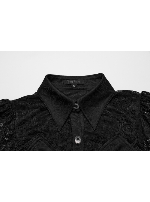 Sexy Black Lace Dark Pattern Woven Front And Middle Hand Seam Buttons With Rope Adjustment Gothic Lantern Sleeve Shirt
