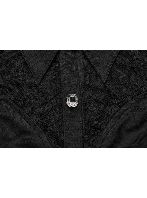 Sexy Black Lace Dark Pattern Woven Front And Middle Hand Seam Buttons With Rope Adjustment Gothic Lantern Sleeve Shirt