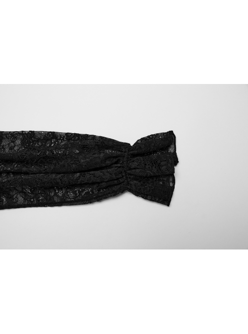 Sexy Black Lace Dark Pattern Woven Front And Middle Hand Seam Buttons With Rope Adjustment Gothic Lantern Sleeve Shirt