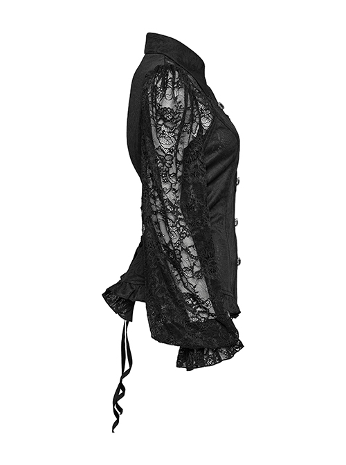 Sexy Black Lace Dark Pattern Woven Front And Middle Hand Seam Buttons With Rope Adjustment Gothic Lantern Sleeve Shirt
