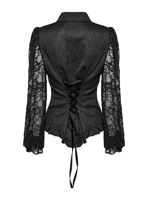 Sexy Black Lace Dark Pattern Woven Front And Middle Hand Seam Buttons With Rope Adjustment Gothic Lantern Sleeve Shirt