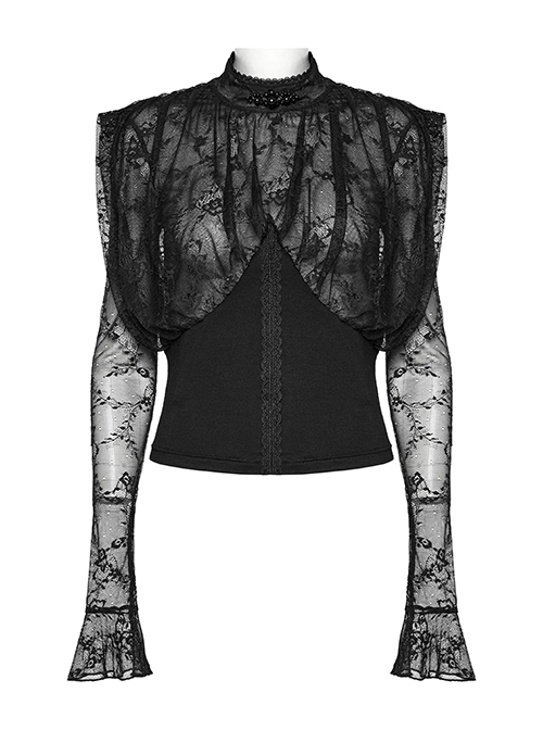Loose Retro Black See Through Lace Gothic Long Sleeved Shirt