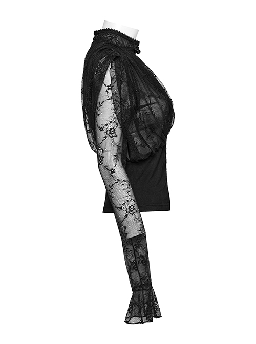 Loose Retro Black See Through Lace Gothic Long Sleeved Shirt