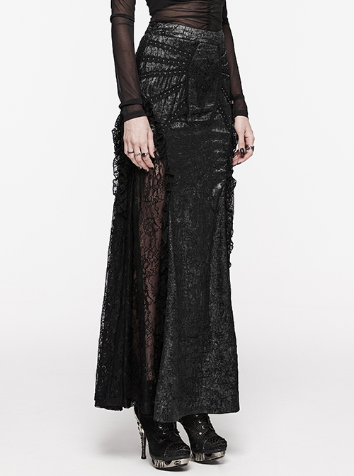 Black Slightly See Through Ruffles With Lace Woven Gothic Style Gorgeous Skirt