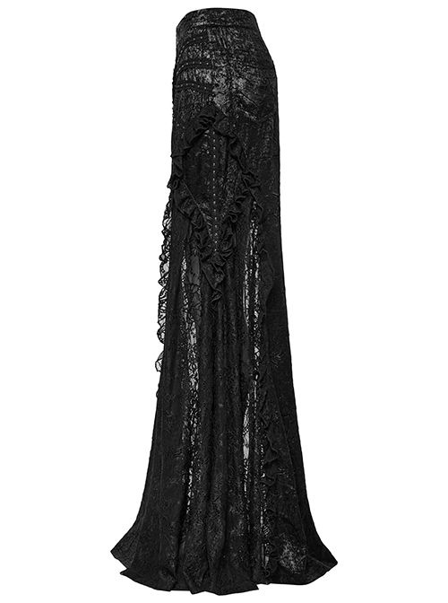 Black Slightly See Through Ruffles With Lace Woven Gothic Style Gorgeous Skirt