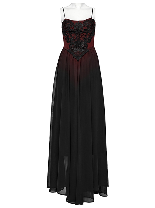 Black And Red Gradient Chiffon Sexy Gorgeous Appliqué Embroidery Gothic Style Adjustable Suspender Dress