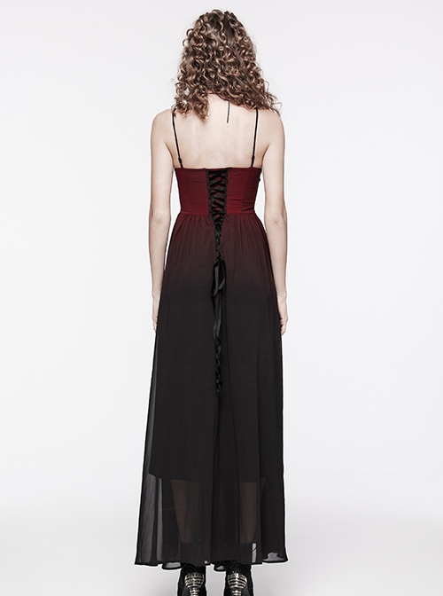 Black And Red Gradient Chiffon Sexy Gorgeous Appliqué Embroidery Gothic Style Adjustable Suspender Dress