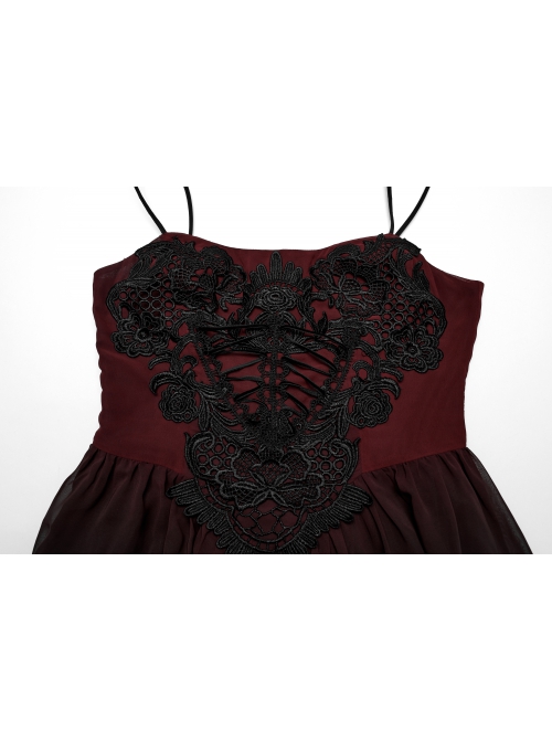Black And Red Gradient Chiffon Sexy Gorgeous Appliqué Embroidery Gothic Style Adjustable Suspender Dress