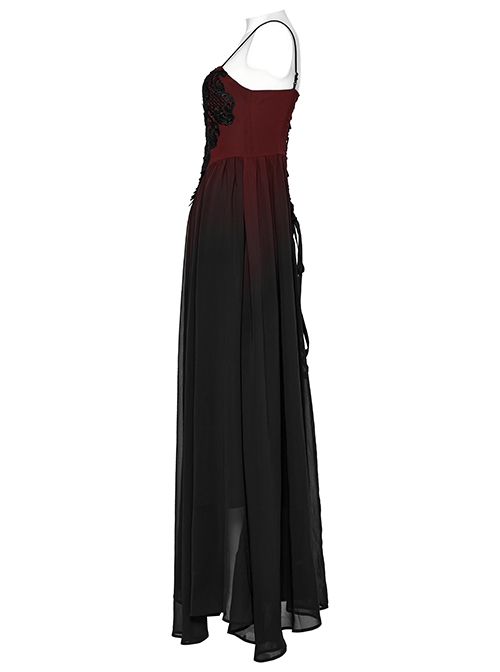 Black And Red Gradient Chiffon Sexy Gorgeous Appliqué Embroidery Gothic Style Adjustable Suspender Dress