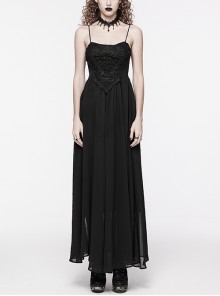 Black Gradient Chiffon Sexy Gorgeous Appliqué Embroidery Gothic Style Adjustable Suspender Dress