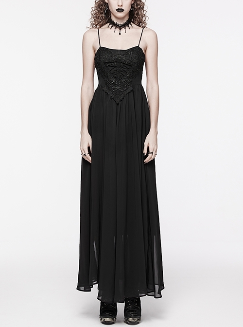 Black Gradient Chiffon Sexy Gorgeous Appliqué Embroidery Gothic Style Adjustable Suspender Dress