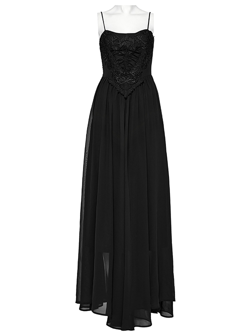 Black Gradient Chiffon Sexy Gorgeous Appliqué Embroidery Gothic Style Adjustable Suspender Dress