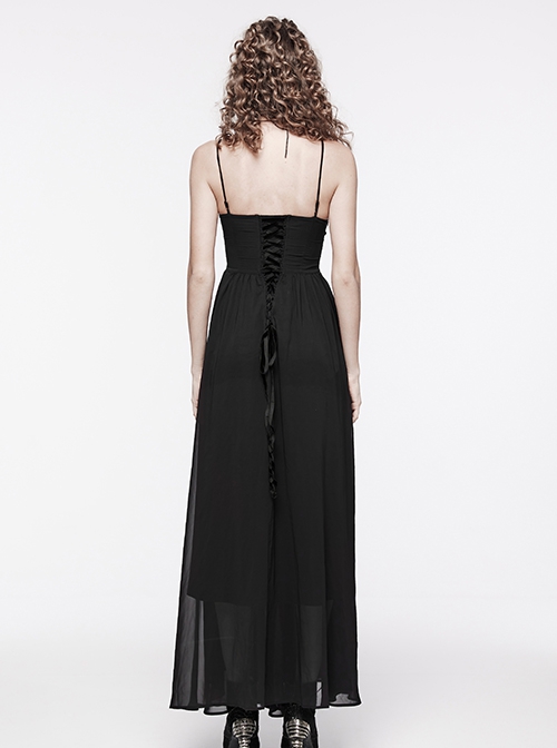 Black Gradient Chiffon Sexy Gorgeous Appliqué Embroidery Gothic Style Adjustable Suspender Dress