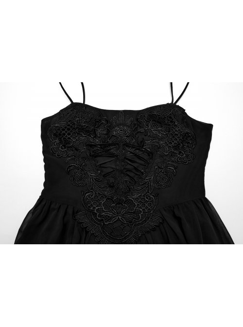 Black Gradient Chiffon Sexy Gorgeous Appliqué Embroidery Gothic Style Adjustable Suspender Dress