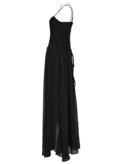Black Gradient Chiffon Sexy Gorgeous Appliqué Embroidery Gothic Style Adjustable Suspender Dress
