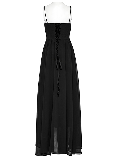 Black Gradient Chiffon Sexy Gorgeous Appliqué Embroidery Gothic Style Adjustable Suspender Dress