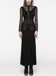 Sexy Black Micro Sheer Mesh Front Lace Drawstring With Embroidered AppliquéS Gothic Style Long Sleeved Dress