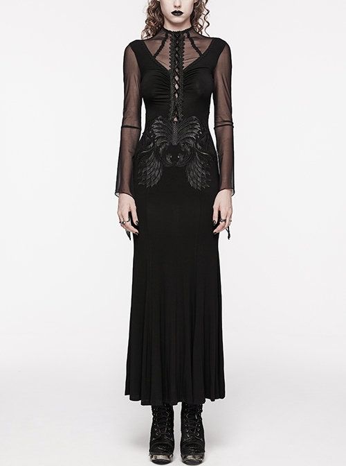 Sexy Black Micro Sheer Mesh Front Lace Drawstring With Embroidered AppliquéS Gothic Style Long Sleeved Dress