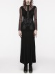 Sexy Black Micro Sheer Mesh Front Lace Drawstring With Embroidered AppliquéS Gothic Style Long Sleeved Dress