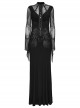 Sexy Black Micro Sheer Mesh Front Lace Drawstring With Embroidered AppliquéS Gothic Style Long Sleeved Dress