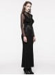 Sexy Black Micro Sheer Mesh Front Lace Drawstring With Embroidered AppliquéS Gothic Style Long Sleeved Dress