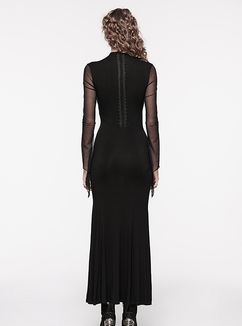 Sexy Black Micro Sheer Mesh Front Lace Drawstring With Embroidered AppliquéS Gothic Style Long Sleeved Dress