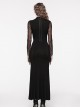 Sexy Black Micro Sheer Mesh Front Lace Drawstring With Embroidered AppliquéS Gothic Style Long Sleeved Dress