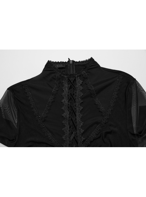 Sexy Black Micro Sheer Mesh Front Lace Drawstring With Embroidered AppliquéS Gothic Style Long Sleeved Dress